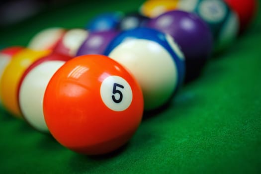 Different points of view billiard balls on a blue pool table.