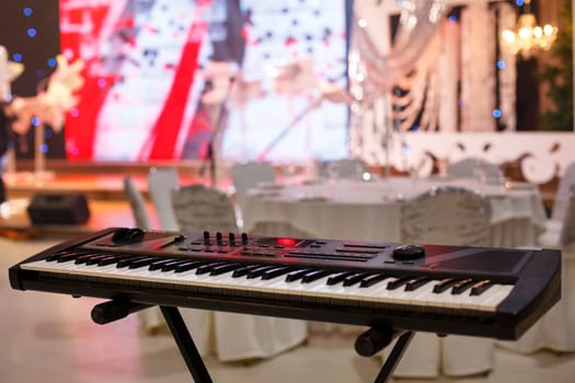 Piano Keyboard synthesizer closeup key, frontal view