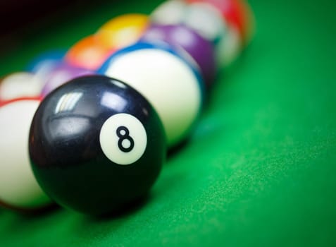 Different points of view billiard balls on a blue pool table,Black number eight