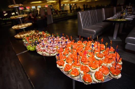 catering services background with snacks on guests table in restaurant at event party