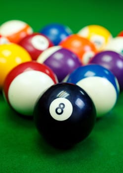 Different points of view billiard balls on a blue pool table,Black number eight