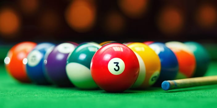 Billiard balls in a green pool table, game