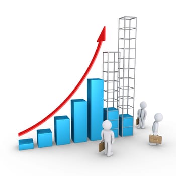 Rising graphic chart with businessmen and two columns are being build