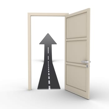 An opened door reveals a rising arrow as a road