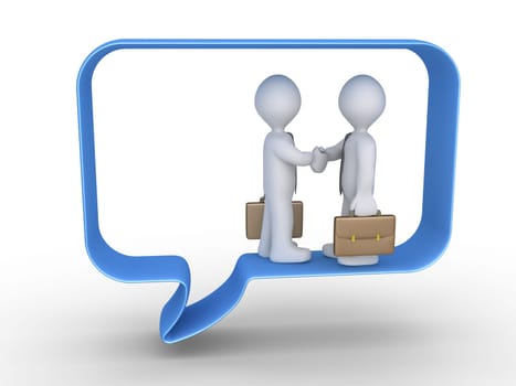 Businessmen shake hands inside a big speech bubble