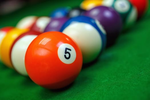 Different points of view billiard balls on a blue pool table.