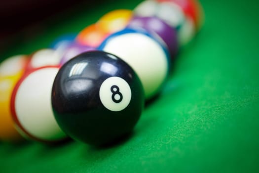 Different points of view billiard balls on a blue pool table,Black number eight