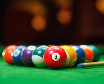 Billiard balls in a green pool table, game