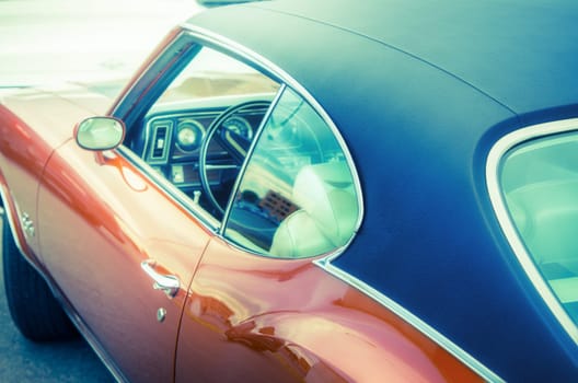 beautiful Retro car with roof decorated with black leather , close up