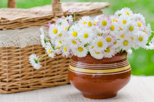 A bouquet of daisies in a pot on the table for a picnic