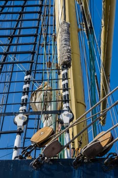 Blocks and rigging at the old sailboat, close-up