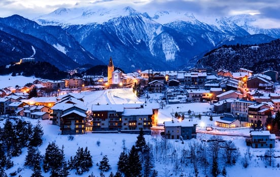 View of Aussois su Arc village by night, France