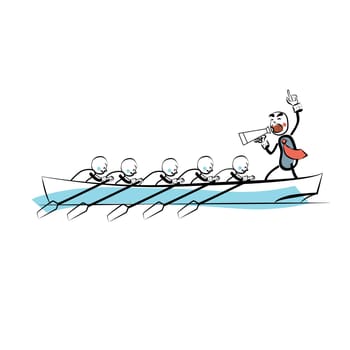 Leader teamwork business concept boat rowers. The business concept. Comic sketch line art style. The people at work. The sports competition. Water sports