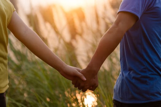 Young couple in love holding hand and walking at park during sunset