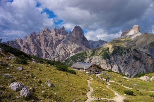Long alpine pasture in the Dolomites - Lange Alm Alpine club hut in Dolomites,Italy