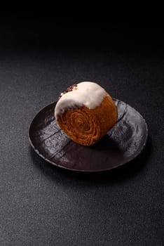 Round sweet New York roll croissant with pistachio cream filling on a dark concrete background