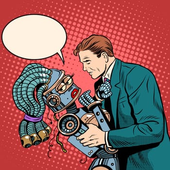 man girl robot. Love and computer technology pop art retro style. Complex family relationships. The risk of development of computer technology. Science fiction. Androids and people