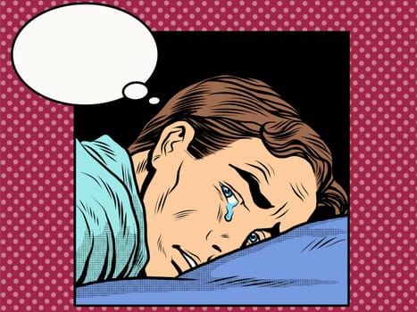 Man cries tears pop art retro style. Romantic emotional men. Love and relationships. Feelings and emotions