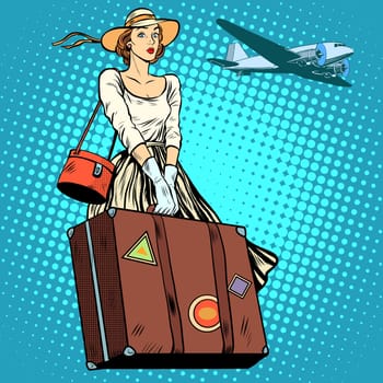 girl travel suitcase airport pop art retro style. Tours and tourism. Vacation, trip, flight
