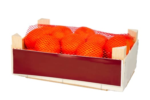 Clementines in a wooden box exposed on a white background
