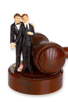 Figures of a homo couple with court hammer released on white background