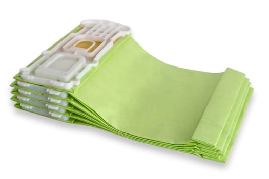 Vacuum cleaner bags released on white background