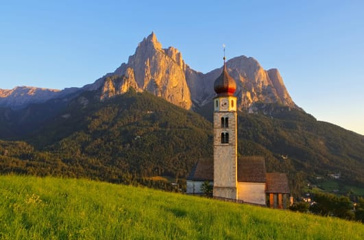 St. Valentine with Schlern in the Dolomites - church St. Valentin and mountain Schlern in Dolomites