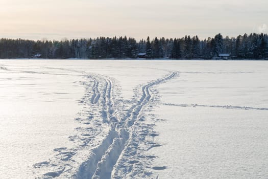 Cross Country Ski Tracks on Lake in Umea, Sweden.