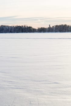 Snow Covered Lake with Trees and an industry building in the background.