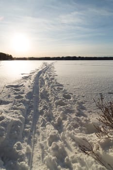 Cross Country Ski Tracks on Lake in Umea, Sweden.