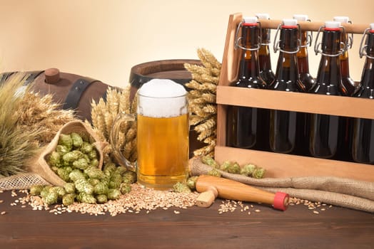 Beer carriers,beer barrels and beer glasses with wheat,barley,hops and malt