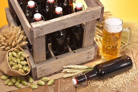 Beer box and beer glass with wheat,barley,hops and malt