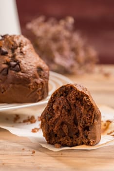 Baked chocolate muffins cooling off on wire mesh