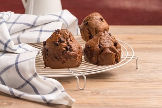 Baked chocolate muffins cooling off on wire mesh