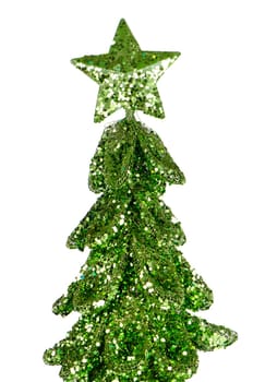 Christmas tree decoration made out of green sequins on white background.