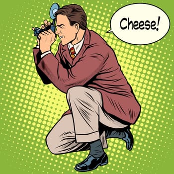 Photographer photographing cheese smile pop art retro style. Appliances and gadgets. The triumph and work of the photographer. The press and bloggers