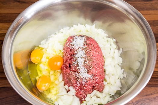 Minced meat in a silver bowl - run to the bulettes! Eggs,onions and spices are also included.
