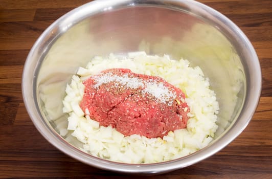 Minced meat in a silver bowl - run to the bulettes! Eggs,onions and spices are also included.