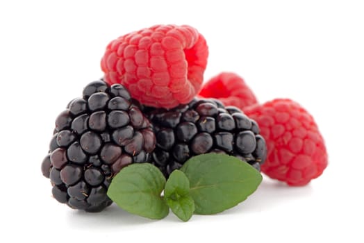 Raspberries and blackberry with mint leaf isolated on white background.