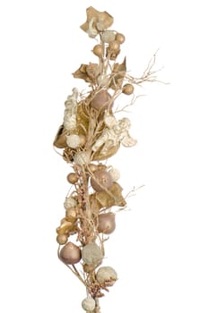 Golden Christmas decoration branches on white background.