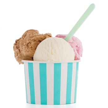 Ice cream scoop in paper cup on white background.