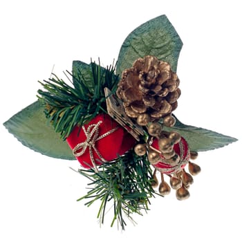 Christmas decorations on white reflective background.