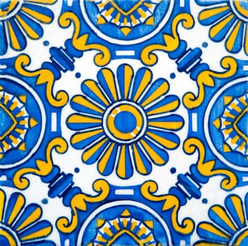 Closeup detail of old Portuguese glazed tiles.