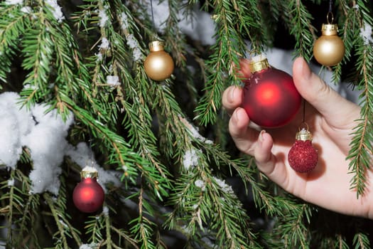 Hand Putting Christmas Tree Balls in Spruce with snow.