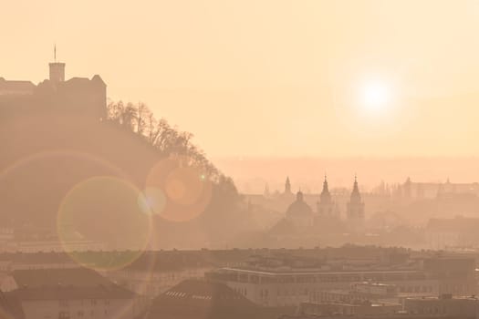Cityscape of the Slovenian capital Ljubljana at sunset.