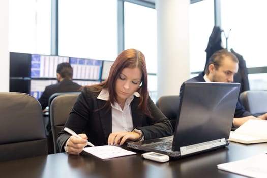 Businesspeople working on laptops in modern office.