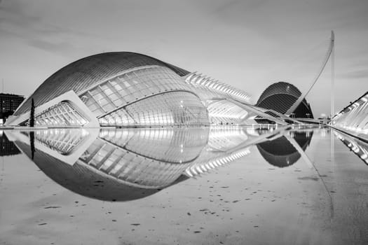 City of the Arts and Sciences in Valencia, Spain. Black and white image.
