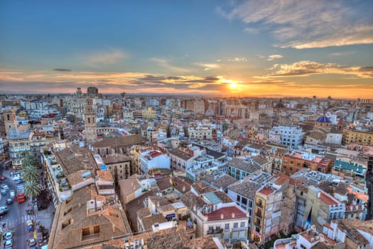 Sunset Over Historic Center of Valencia, Spain. Panoramic aerial view of cityscape.