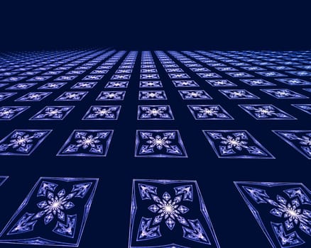 Abstract computer-generated blue image stretching to the horizon rows of square tiles with flowers pattern