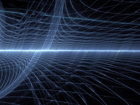 Abstract computer-generated blue image technology background with net, perspective, horizon and light effects